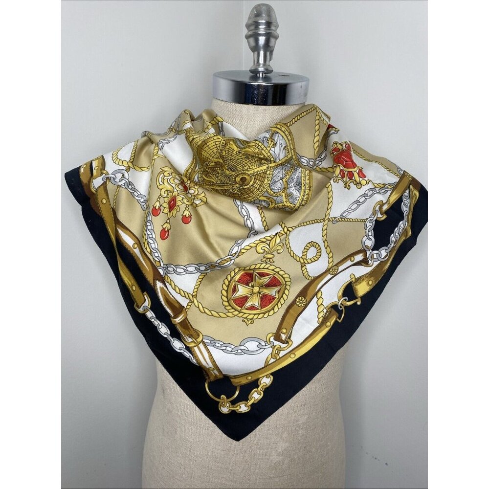 Equestrian Scarf Made Italy Black Gold Elblem Square 29 x 31 Classic Old Money